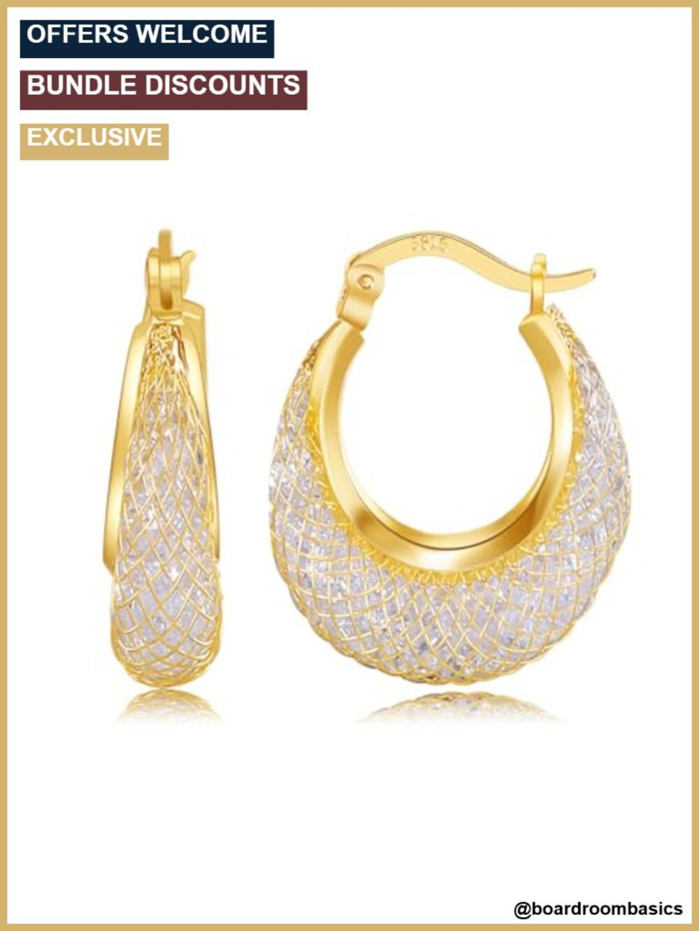 14K Gold Plated Mesh Hoop Earrings Cubic Zirconia 925 Silver Post